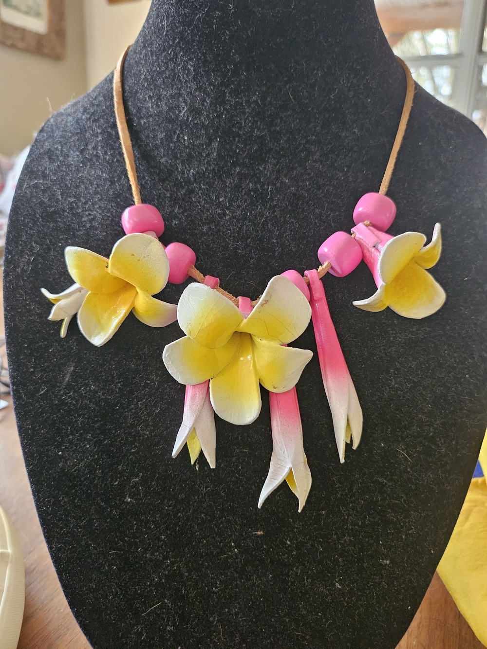 Tropical Hawaiian Handmade Leather Sculpted Plumeria Yellow Pink Floral Necklace